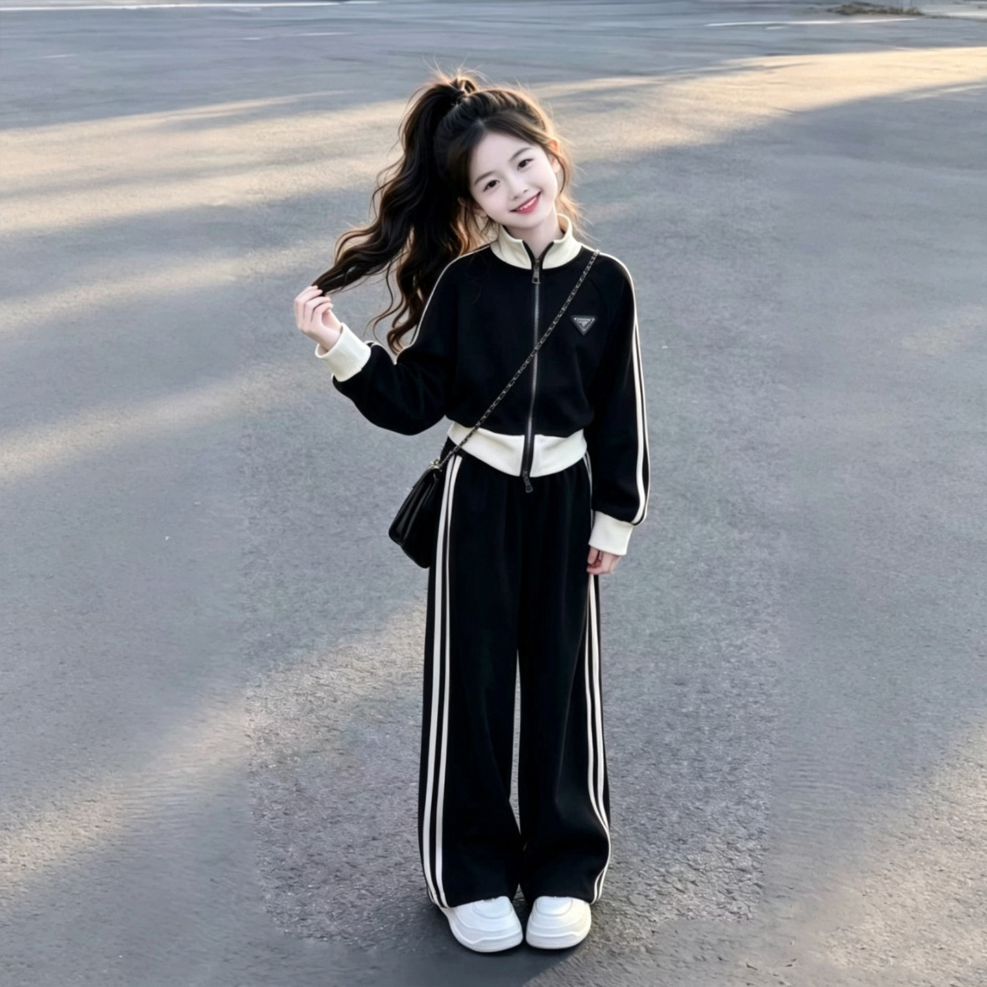 女童春秋运动套装2026新款立领拉链短款外套条纹阔腿裤儿童两件套