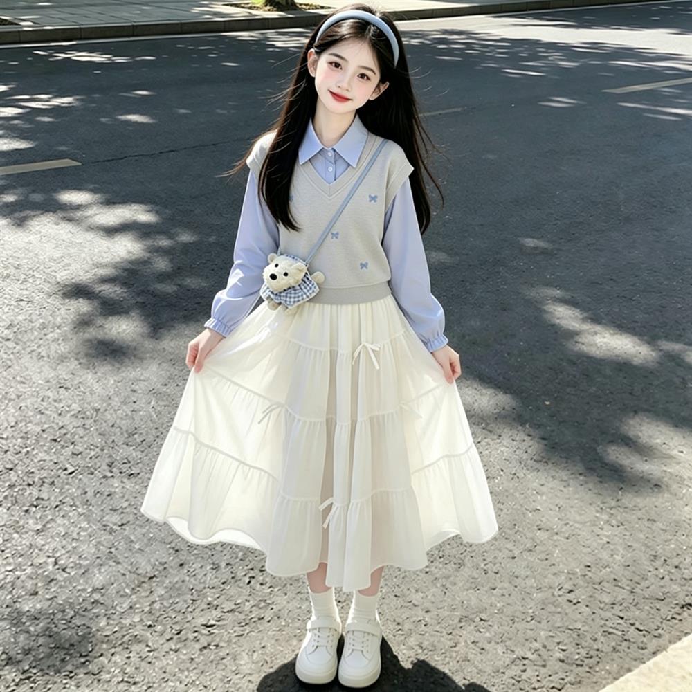 女童秋装衬衫假两件半身裙套装2026韩系穿搭女孩学院风休闲两件套