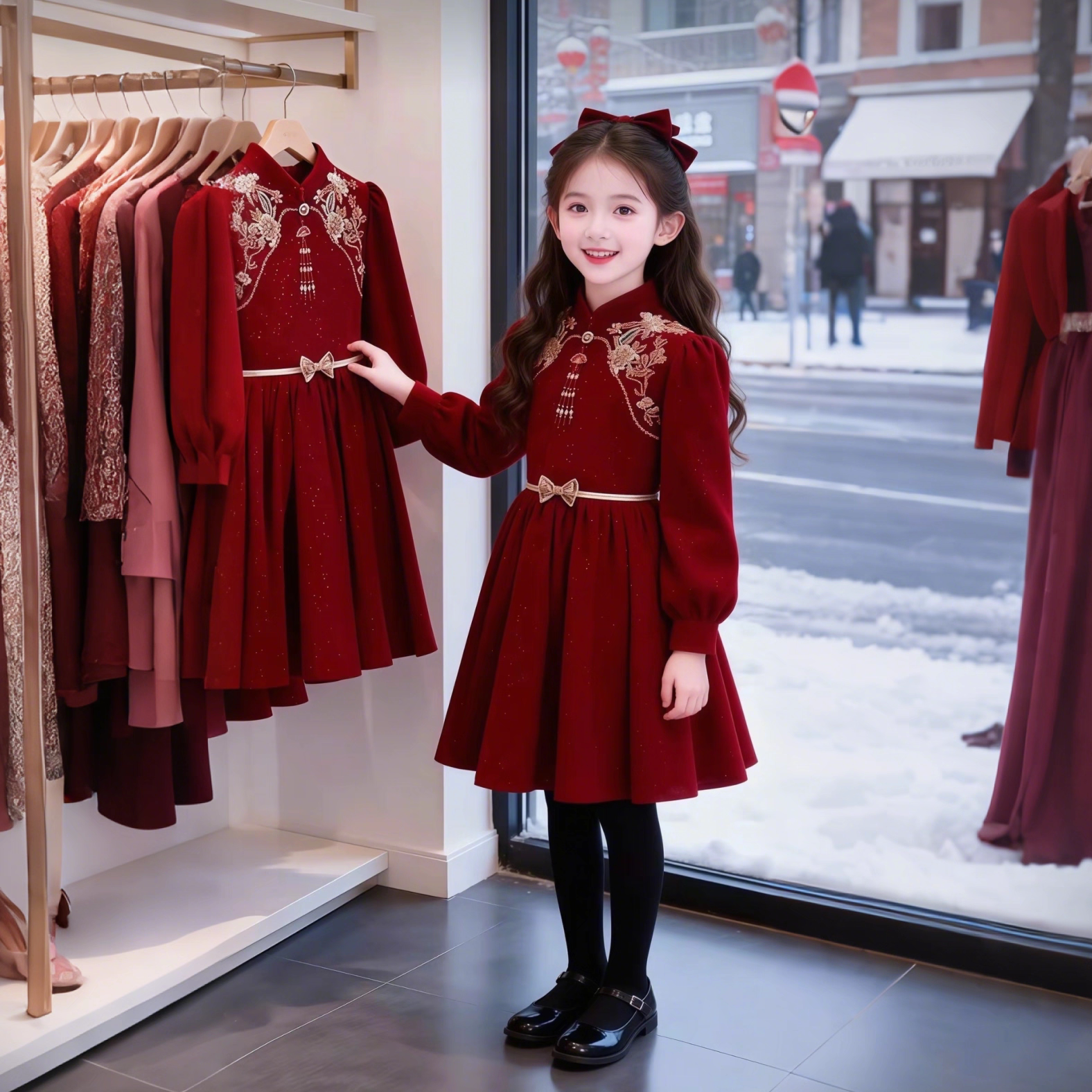 女童新年红色连衣裙2026新款女孩加厚裙子儿童大童国风拜年服冬装