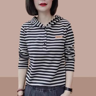 大牌捡漏纯棉连帽t恤女2024春秋新款爆款长袖条纹体恤上衣打底衫