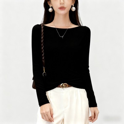 纯棉黑色一字肩长袖t恤女春秋冬新款修身打底衫百搭显瘦露肩上衣