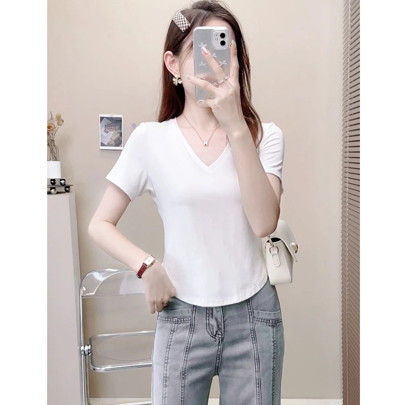 纯棉V领正肩短袖t恤女弧形下摆夏2025新款爆款修身设计感小众上衣