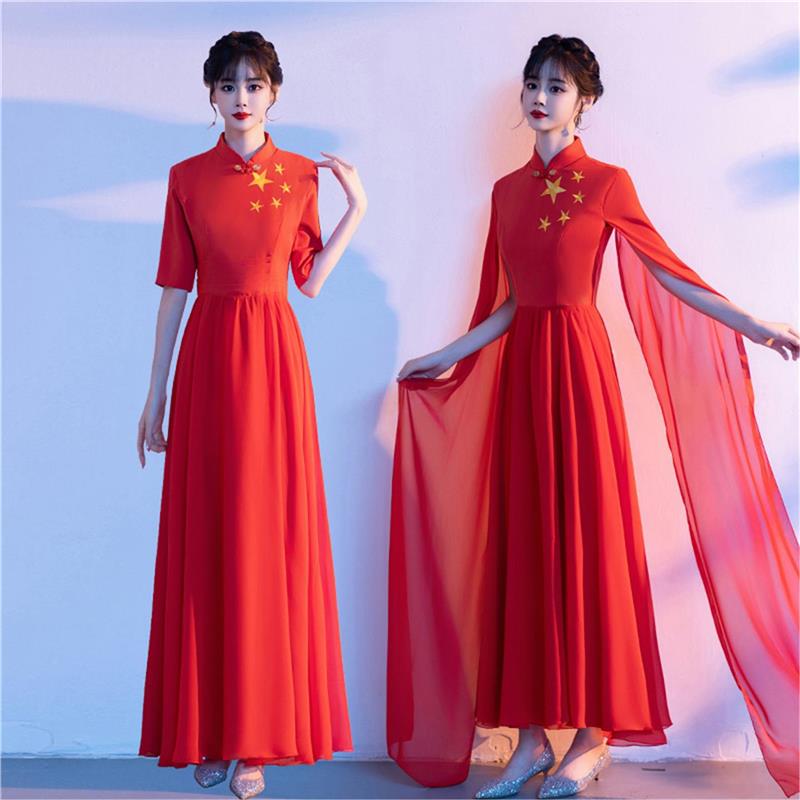 大合唱团演出服女长裙成人新款红歌比赛服装表演朗诵指挥学生礼服