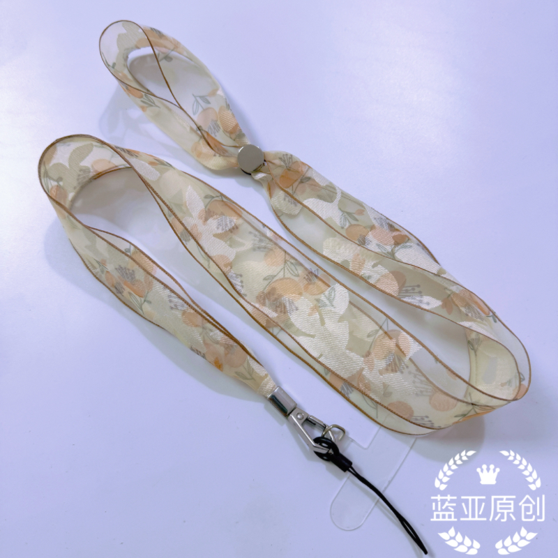 夏季繁花宽边丝带手机挂绳单银扣轻柔斜挎带可调节长短仙气过肩绳