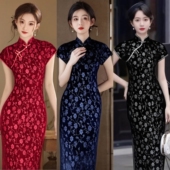 短袖 连衣裙 日常显瘦弹力大码 丝绒旗袍年轻款 气质高端纯色复古中袖