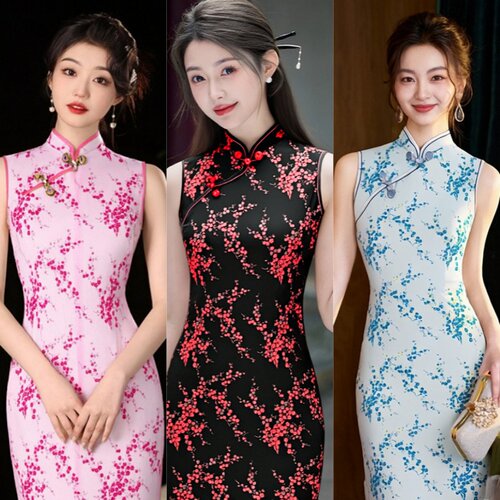 2025新款现货走秀梅花连衣裙无袖长款舞台服女款复古新中式旗袍