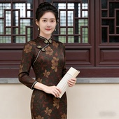 复古长款 棕色印花款 旗袍2026 修身 显瘦中式 改良旗袍女春秋款 七分袖