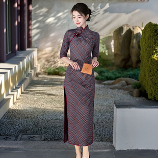 文艺年轻款 七分袖 条纹格子旗袍2024年秋季 新款 日常可穿改良新中式