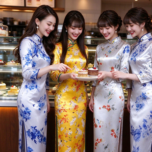 春秋新款改良旗袍七分袖雅致印花款 轻奢青花瓷长款国风女士旗袍