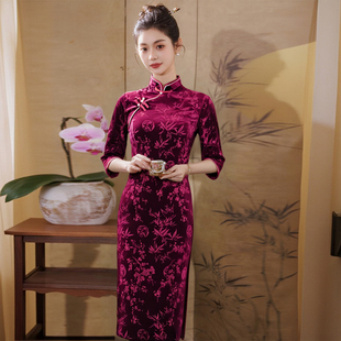 女装 年轻款 日常显瘦弹力大码 丝绒旗袍气质高端纯色复古中袖 七分袖