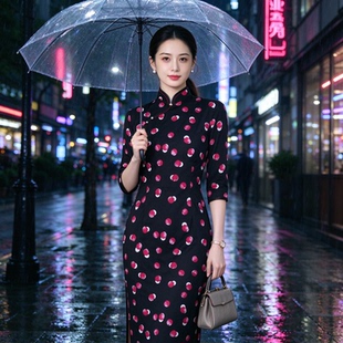 改良长款春秋旗袍七分袖花卉印花 手工珍珠扣女士国风气质连衣裙