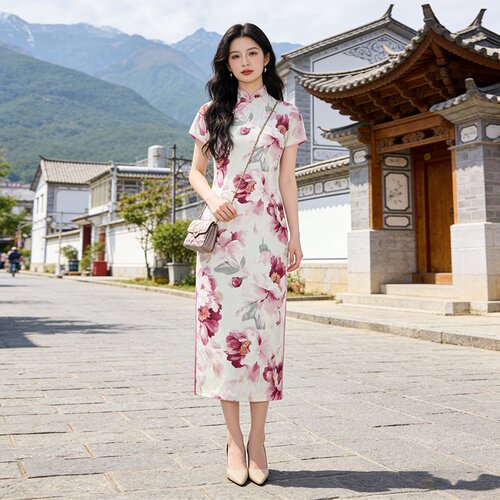 新款短袖旗袍国风改良长款印花旗袍复古江南知性系气质传统国风款
