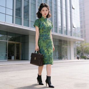 薄款 新款 旗袍老上海改良复古国风旗袍日常可穿夏季 中款 绿色短袖