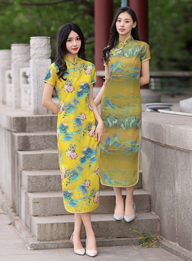 黄色旗袍2024新款送考高考妈妈旗开得胜夏季日常长款年轻款连衣裙