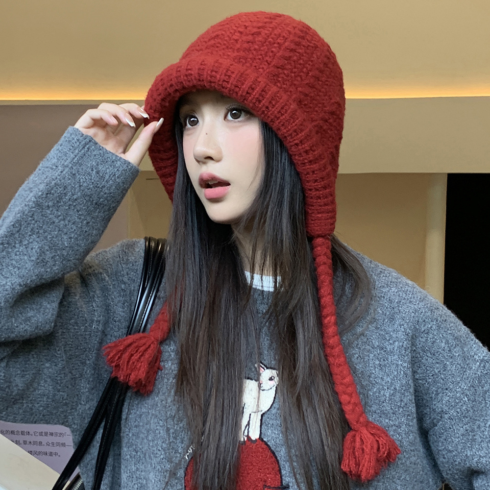 2025新款辫子护耳针织帽大圆脸适合的帽子保暖毛线帽女秋冬酒