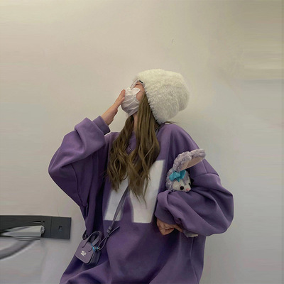 中长款紫色慵懒风加绒卫衣女秋冬新款时尚卫衣女款