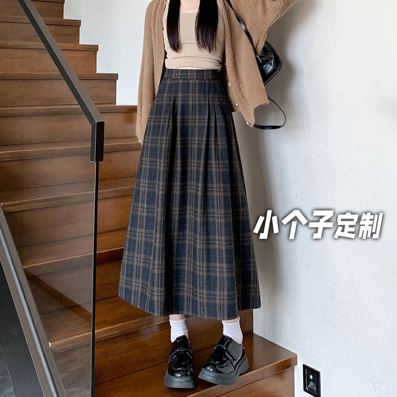150小矮个子复古格子毛呢半身裙女秋冬季中长款高腰显瘦a字百褶裙