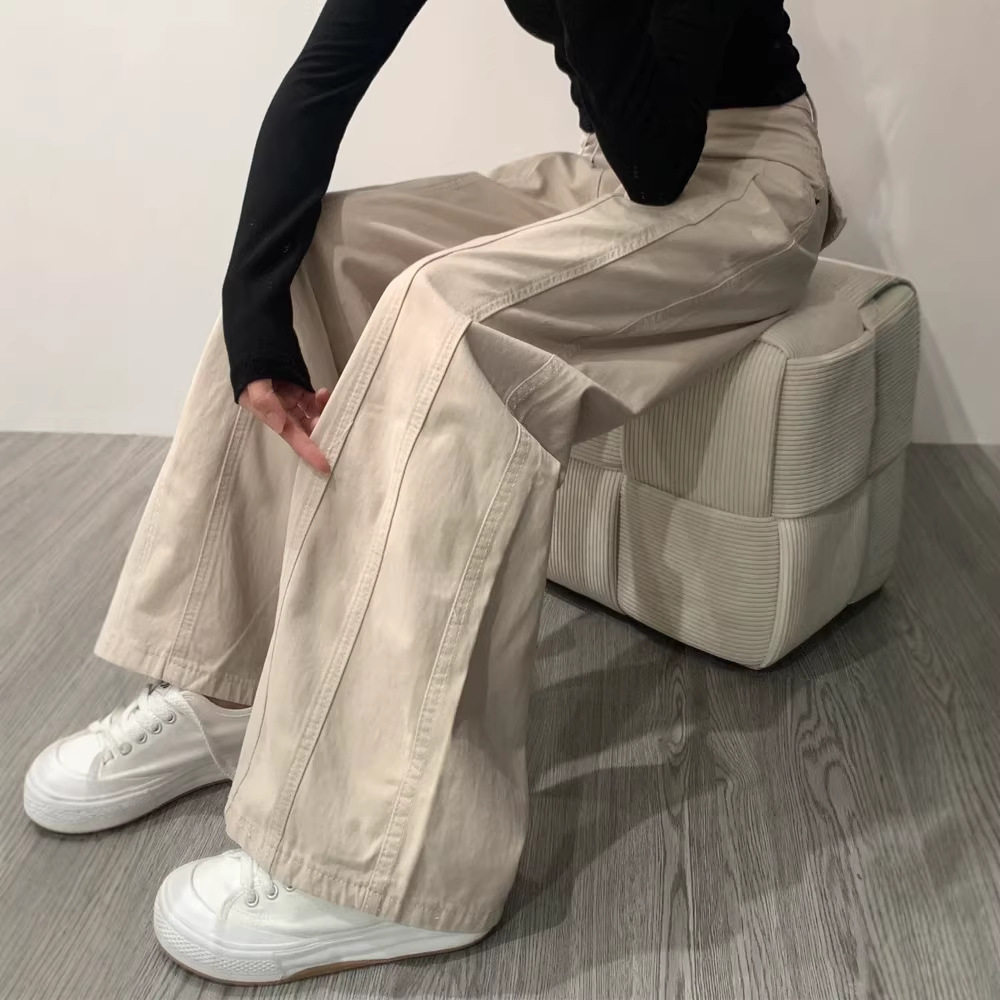 杏色工装直筒牛仔裤女春夏阔腿裤女牛仔高腰宽松遮胯显瘦裤子女款