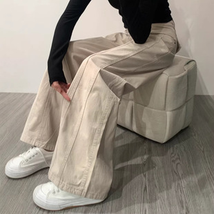 杏色工装直筒牛仔裤女春夏阔腿裤女牛仔高腰宽松遮胯显瘦裤子女款