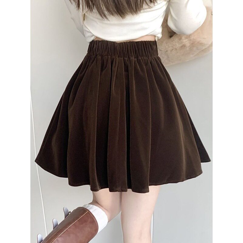 咖色金丝绒半身裙女秋冬复古高腰显瘦百褶裙小个子a字蓬蓬短裙潮