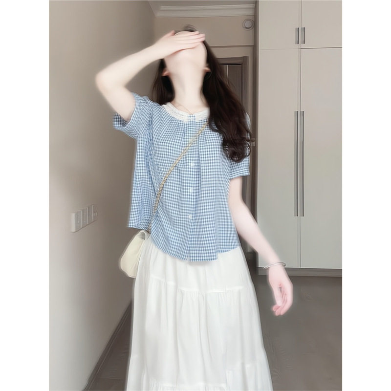 原版面料蓝色格子木耳边短袖衬衣衬衫女夏季法式轻奢减龄洋气上衣