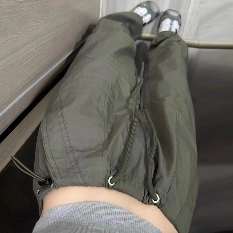 美式复古工装裤女夏季高腰阔腿休闲宽松显瘦军绿色速干显瘦运动裤