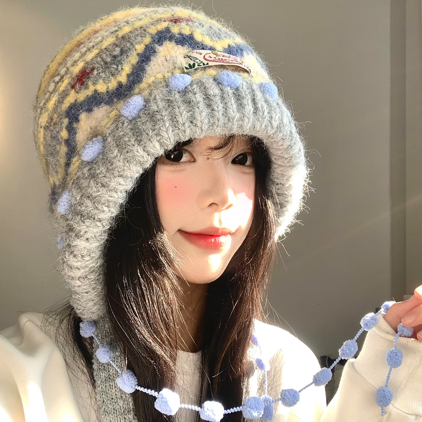 费尔岛复古针织巴拉克拉法帽女秋冬显脸小包头帽加厚保暖护耳