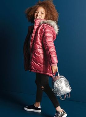 小S的店NEXT女童酒红紫色毛帽长款燕尾双层拉链加厚棉服3-11岁