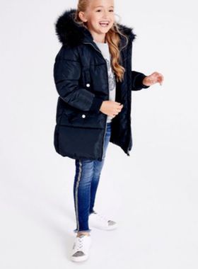 英国NE*T女大童深蓝色加绒加厚中长款防水保暖连帽棉服3-11岁