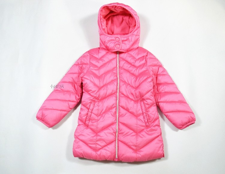 英国NE*T女童粉色中长款绗缝加绒长拉链保暖连帽棉服6-9岁