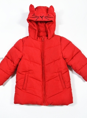 英国NE*T女童大红色卡通猫加绒防水保暖中长款连帽棉服1-5岁
