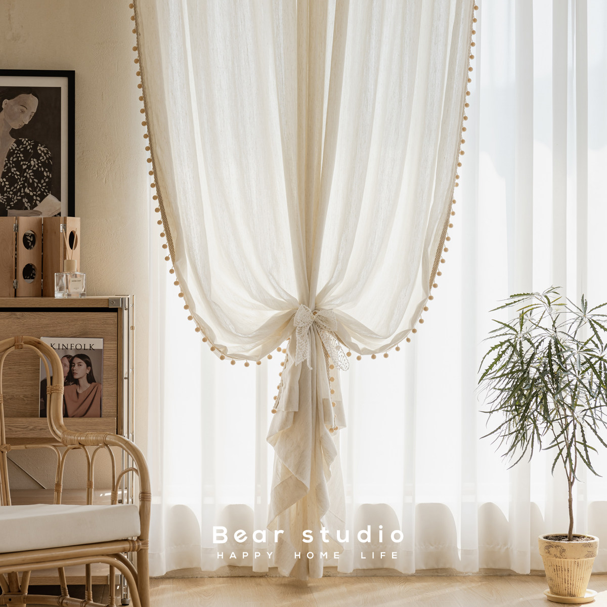 法式复古客厅阳台窗帘双层纱帘现代简约日式奶油棉麻纱帘透光窗纱