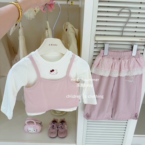【乐恩baby】小可爱！2026秋季女宝宝粉色KT假两件T恤上衣时尚