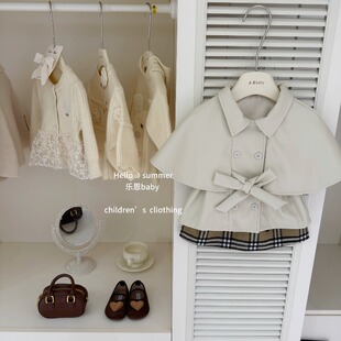 【乐恩baby】留洋千金！秋冬新款女童洋气斗篷皮衣外套格子半身裙
