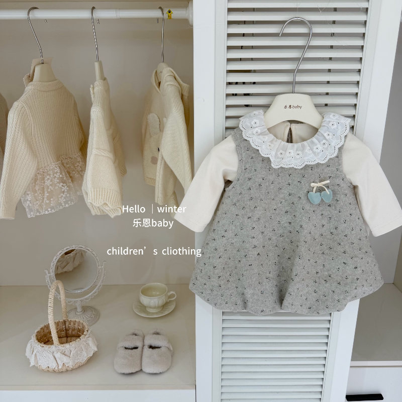 【乐恩baby】韩系碎花！女童秋冬花边打底衫碎花背心裙套装