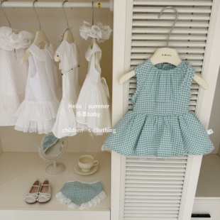 【乐恩baby】小清新！2026女童夏季韩系绿色格子背心裙甜美连衣裙
