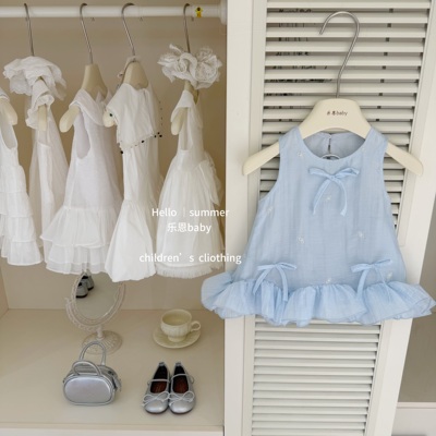 【乐恩baby】雾蓝公主！2026女童蓝色蝴蝶结拼接背心裙夏季连衣裙