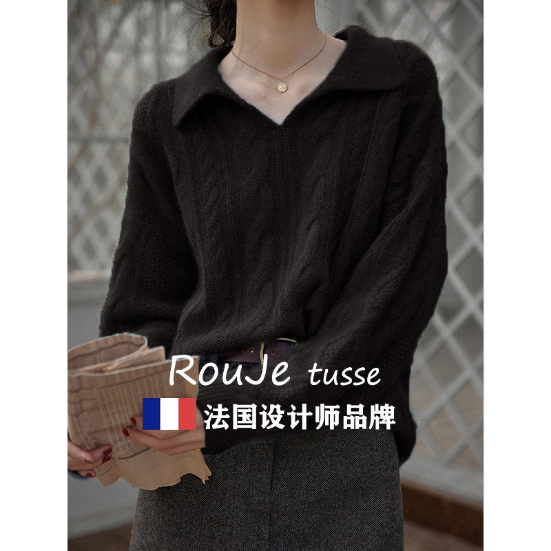 纯色百搭POLO领羊绒毛衣女2025春新款高级设计感宽松羊毛针织上衣