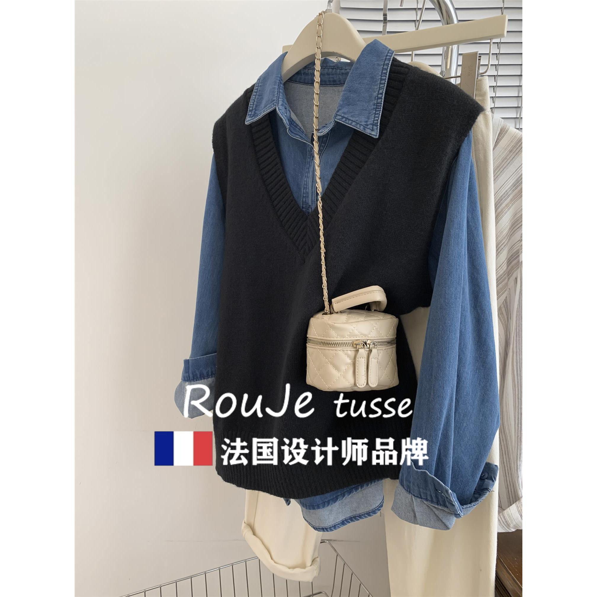 Rouje tusse黑色学院风v领羊绒毛衣马甲衬衣搭配羊毛针织背心叠穿