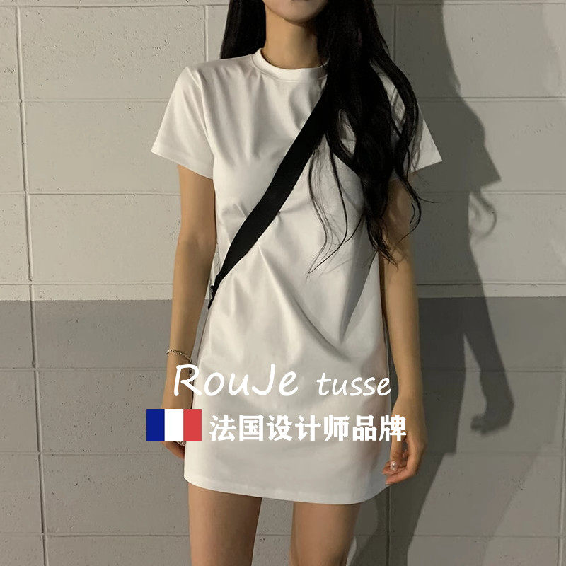 Rouje tusse夏装新款bf风中长款白色短袖t恤女修身显白连衣裙下衣