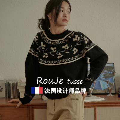 Rouje tusse费尔岛套头羊毛上衣女秋冬撞色大衣内搭套头羊绒毛衣
