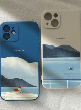ins小众蓝色海边插画治愈系手机壳iPhone15苹果14promax小米13/1211华为mate50全包p60荣耀90软vivox80适用70
