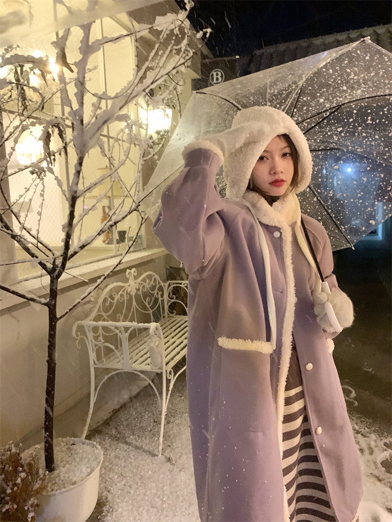 日系立领夹棉羊羔绒毛呢外套女秋冬新款温柔风宽松中长款呢子大衣