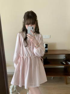 提花粉色连衣裙女春秋小个子系带收腰显瘦气质短裙 甜美少女灯笼袖