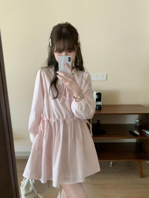甜美少女灯笼袖提花粉色连衣裙女春秋小个子系带收腰显瘦气质短裙
