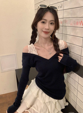 MILLI MILLU纯欲风露肩长袖T恤女新款蕾丝拼接修身显瘦打底衫上衣
