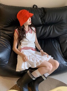 Milli Millu韩系撞色无袖上衣小众复古POLO领针织衫薄款短袖T恤女