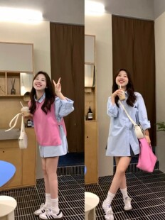 韩系少女多巴胺色系2023秋粉色针织背心马甲+蓝色长袖衬衫两件套