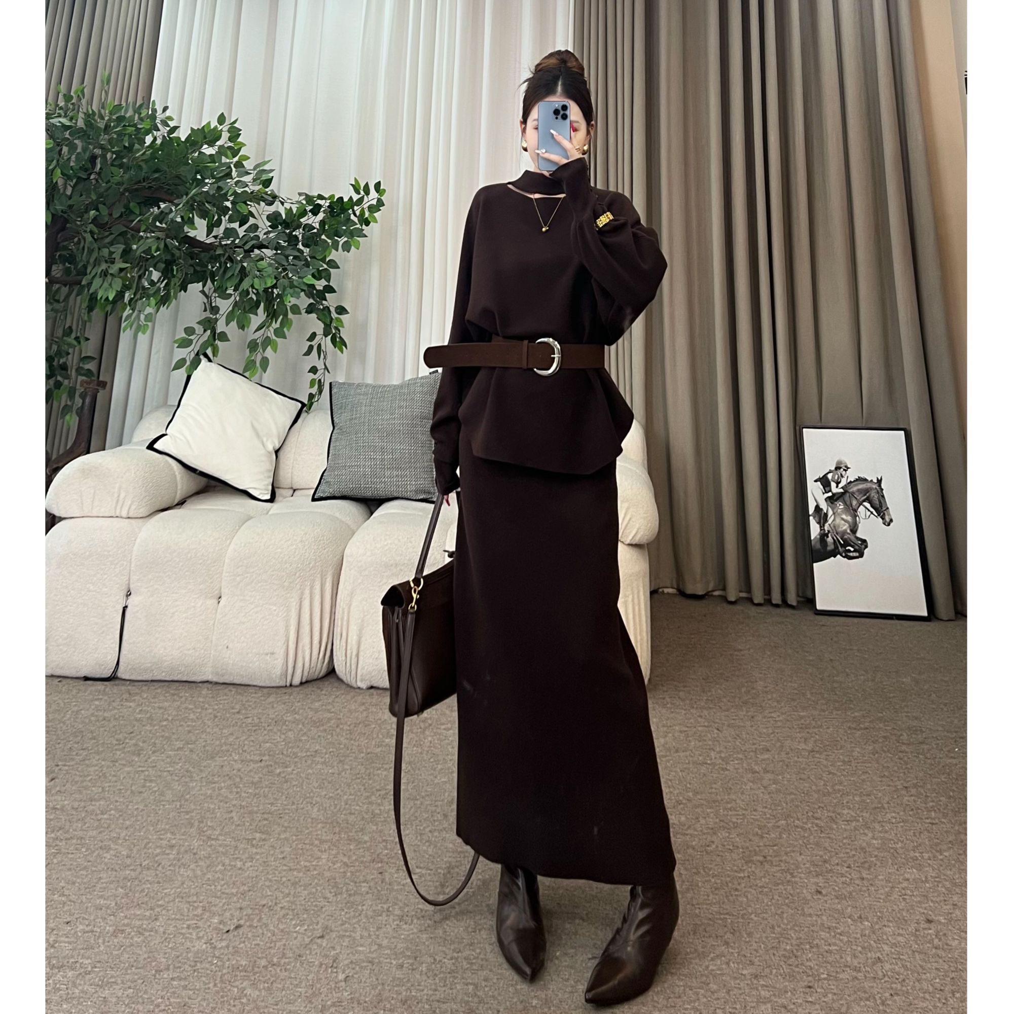 XIAOQIN【雨中逢雪】冬季慵懒围脖宽松费尔岛毛衣针织套装T514