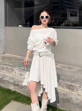 XIAOQIN高级感白色一字肩套装时尚洋气减龄显瘦遮肉两件套T682